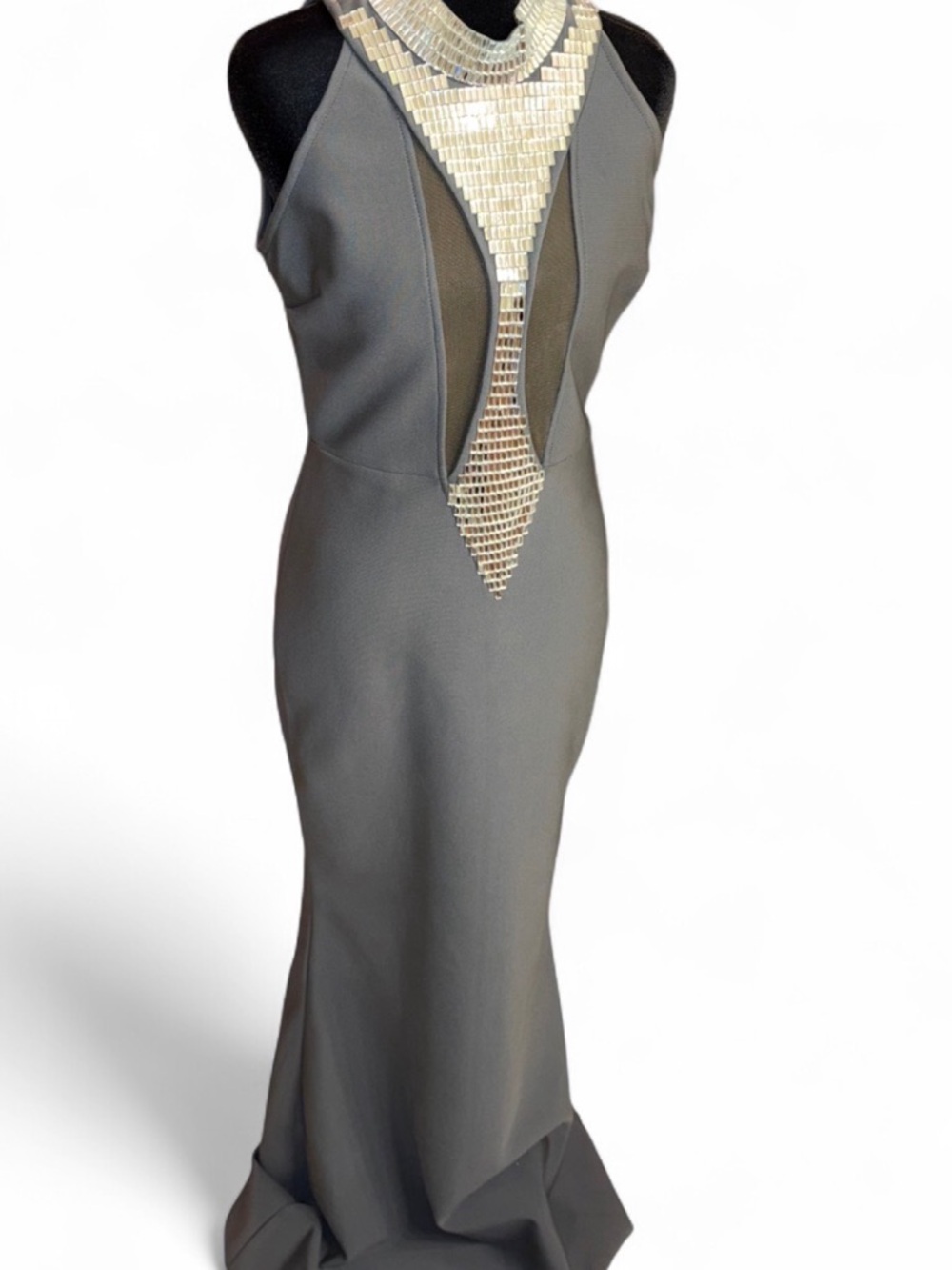 Fashion Nova Gray Maxi Dress with Mirror Bead Halter